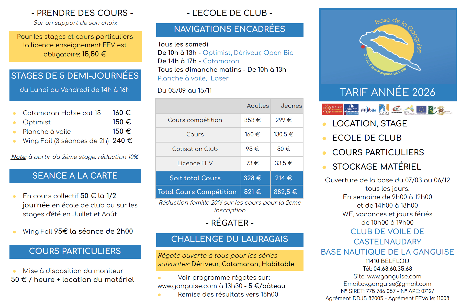 Tarifs école de voile